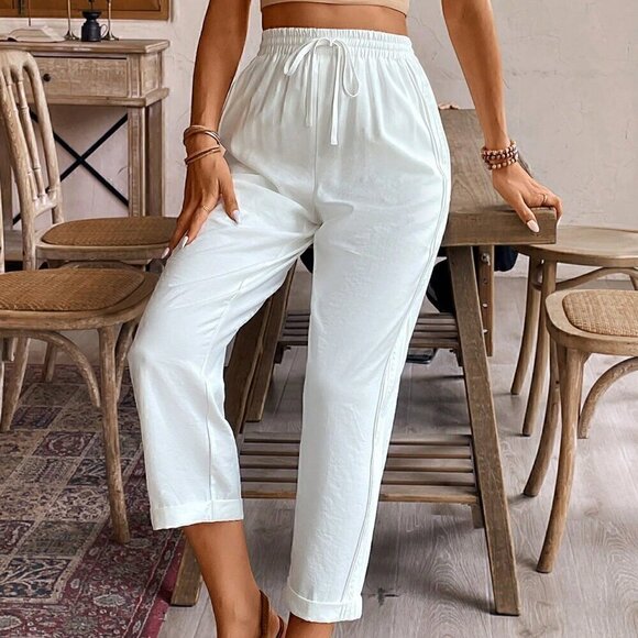 White Casual Women's Solid Color Tapered Pants - Picture 5 of 6